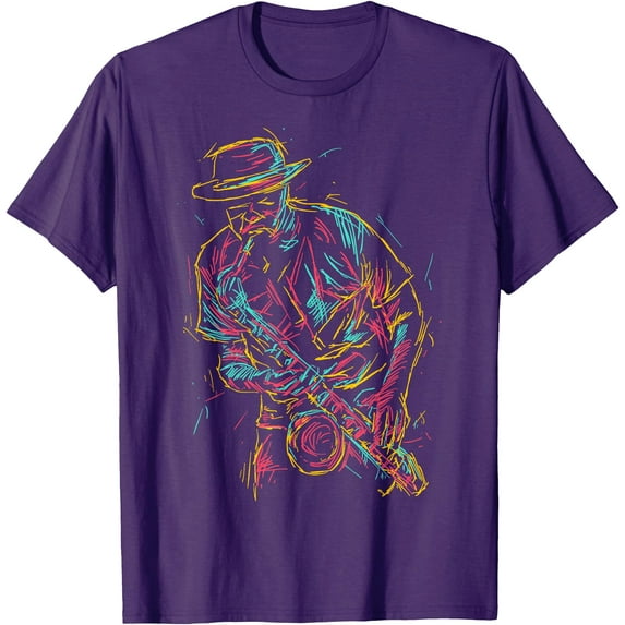Saxophone Player Abstract Art Softstyle Unisex T-Shirt,Purple Color,Size XL