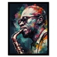 thumbnail image 1 of Saxophone Player Playing Music Acrylic Painting Blue Pink Yellow Jazz Musician Portrait Art Print Framed Poster Wall Decor 12x16 inch, 1 of 5