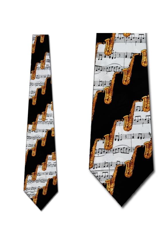 Saxophone and Sheet Music Black Necktie Mens Tie b