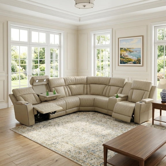 Saxum Tegmen Power Reclining Leather Sectional Sofa with LED Lighting & Wireless Port- Electric Motion Theater Seating with Console Storage and Cup Holders for Modern Living Room Entertainment,Beige
