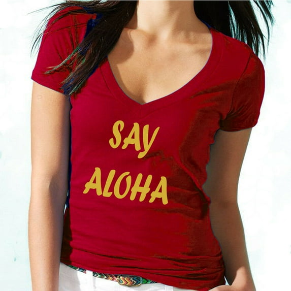 Say Aloha Gold Logo Womens V Neck Shirt Vocation Tee Lady Outfit Color Red Small