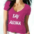 thumbnail image 1 of Say Aloha Printed Vocation V-neck T-shirt Women's Pink Funny Tee Small, 1 of 2