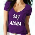 thumbnail image 1 of Say Aloha Printed Vocation V-neck T-shirt Women's Purple Funny Tee 2X-Large, 1 of 2