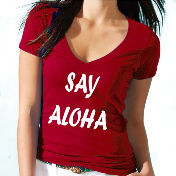 Say Aloha Printed Vocation V-neck T-shirt Women's Red Funny Tee Large