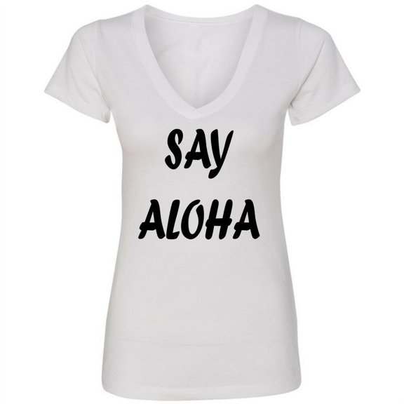 Say Aloha Printed Vocation V-neck T-shirt Women's White Funny Tee Large