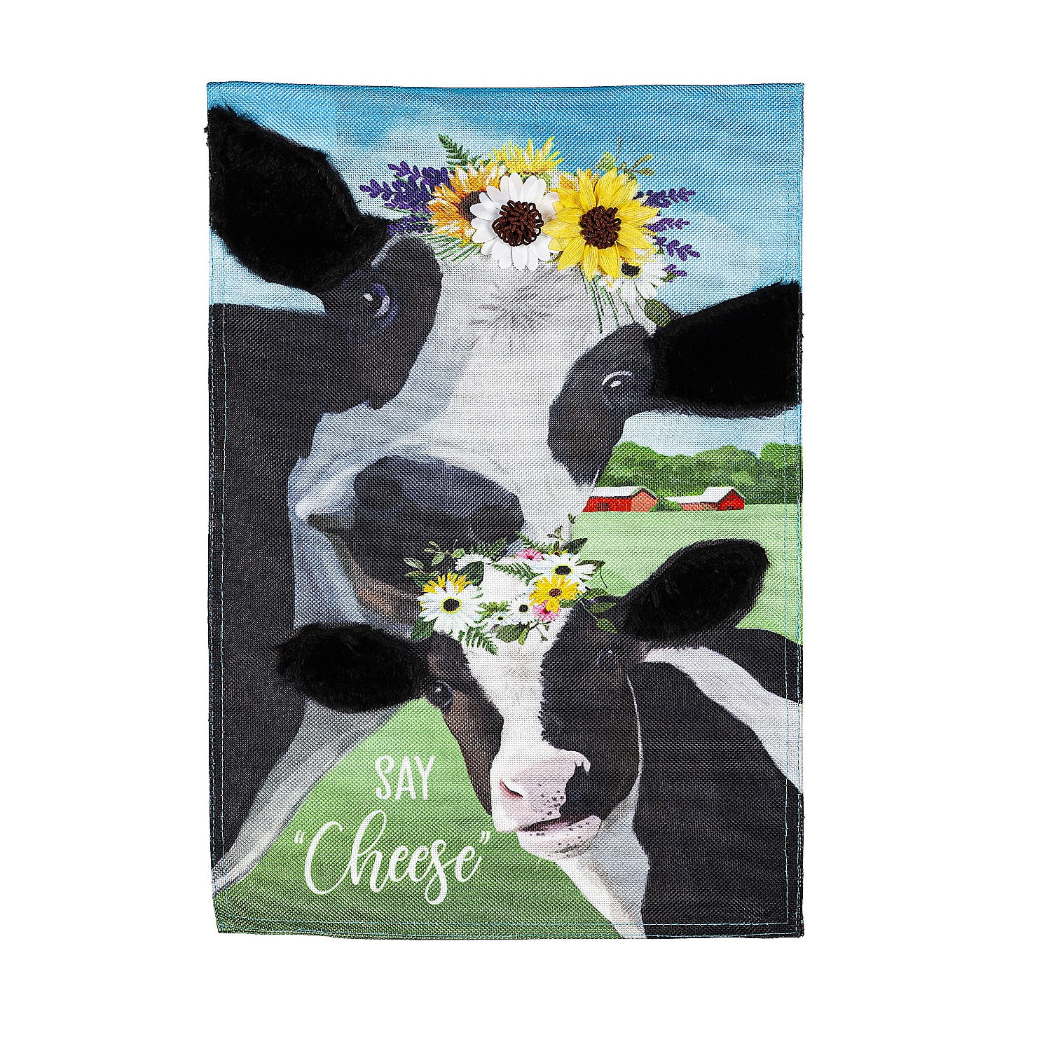 Say Cheese Cows Blue Polyester Burlap Garden Flag