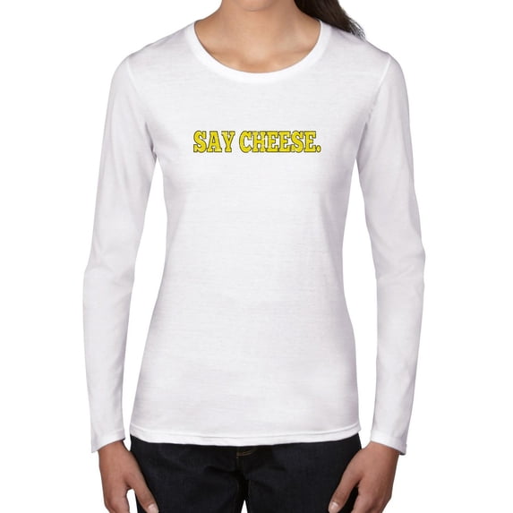 Say Cheese Photo Yellow Font Women's Long Sleeve Grey T-Shirt