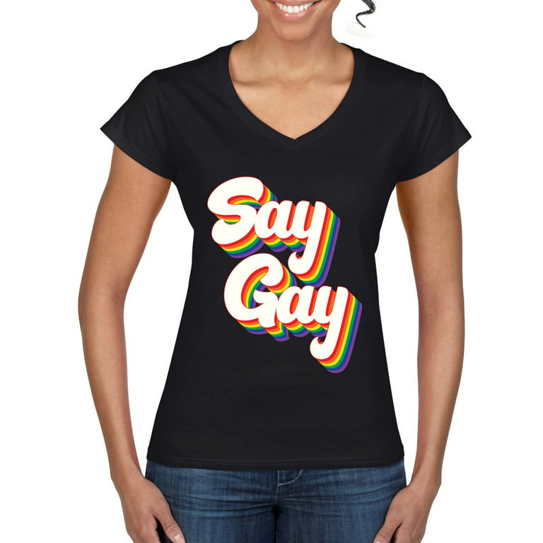 Say Gay Retro Vintage Rainbow LGBT Pride Womenâ€™s Standard V-Neck Tee,  Black, XX-Large 