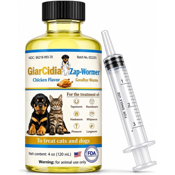 GiarCidia Dewormer for Dogs & Cats, Chicken Flavor, Liquid Worm Treatment, 120 mL (4 oz) with 3 mL Dropper