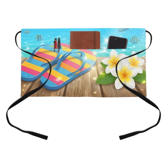 Say Hello to Summer Kitchen Restaurant Half Waist Apron, Coastal Watercolor Blue Beach Slippers Flower Fish Server Short Apron with 3 Pockets Waterproof Oil Waist Aprons for Women Waitress Waiter