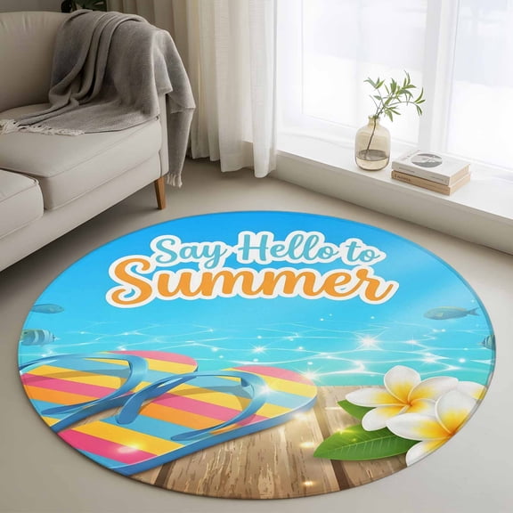 Say Hello to Summer Round Area Rugs 3 ft, Coastal Watercolor Blue Beach Slippers Flower Fish Washable Small Area Rug with Non-Slip Sturdy Edge Binding Round Front Door Mat Floor Carpet for Entryway