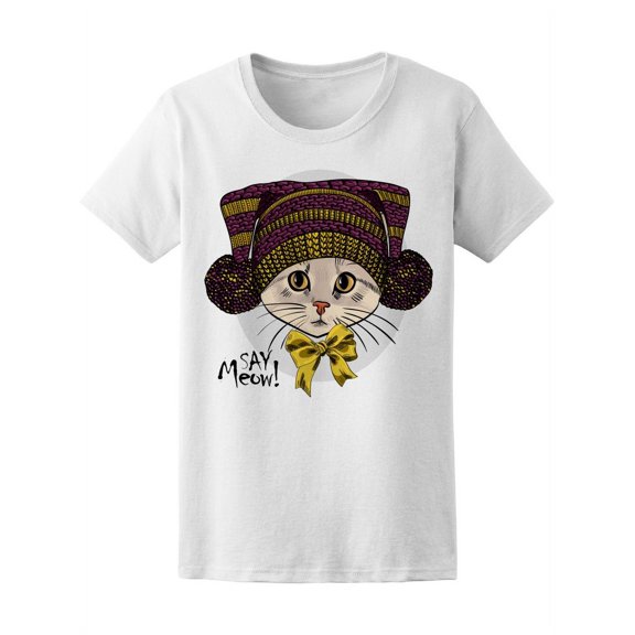 Say Meow Cat With Knitted Hat Tee Women's -Image by Shutterstock