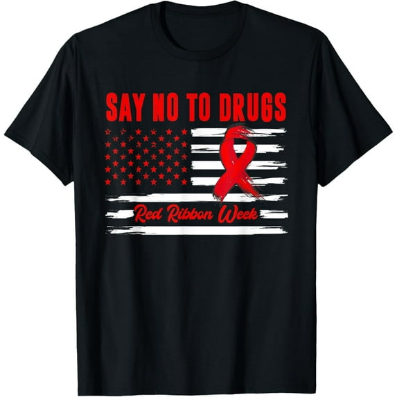 Say No to Drugs Distressed US American Flag Red Ribbon Week T-ShirtMen and women, Black T-shirt, size: Extra large S-4XL