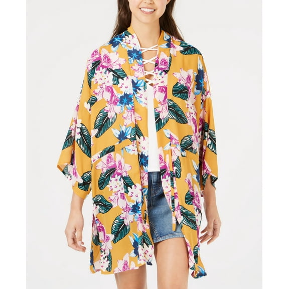 Say What Juniors Floral Printed Tie Front Kimono Gold Floral XL