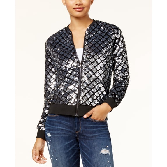 Say What Juniors Sequined Bomber Jacket Silver XS
