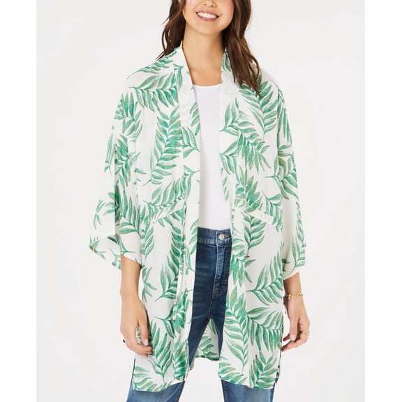 Say What Juniors Tropical Print Kimono Ivory Leaf XL