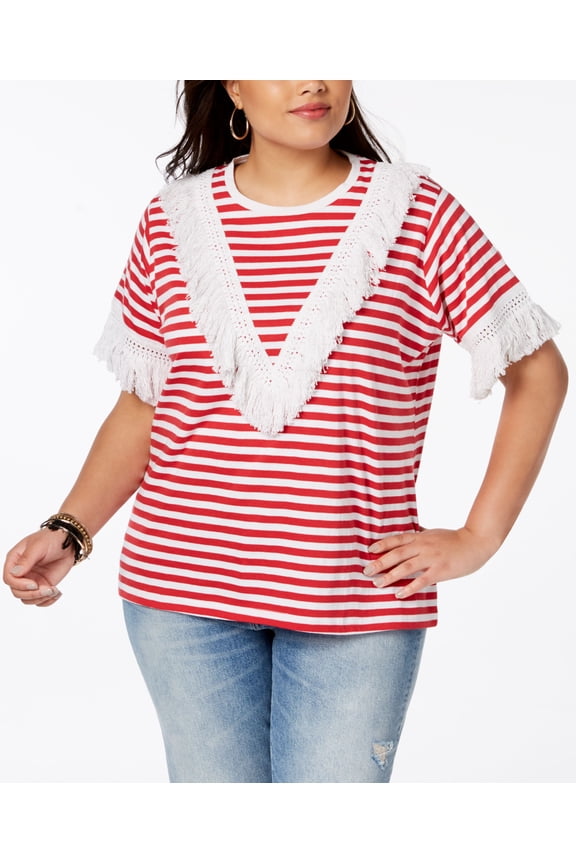 Say What Trendy Plus Size Cotton Fringe Trim T-Shirt Red Combo 2X