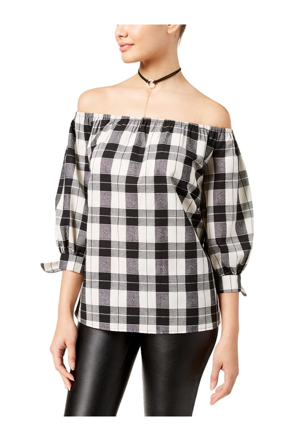 Womens Juniors Off The Shoulder Puff Sleeves Casual Top