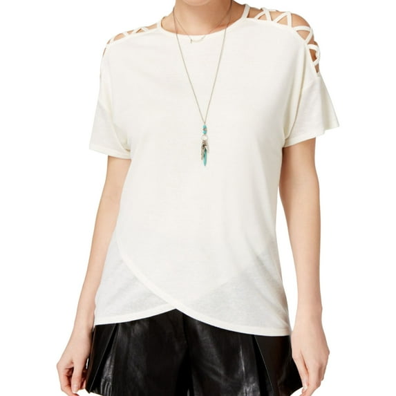 Say What? Womens Lattice Basic T-Shirt, Off-White, Juniors, Medium