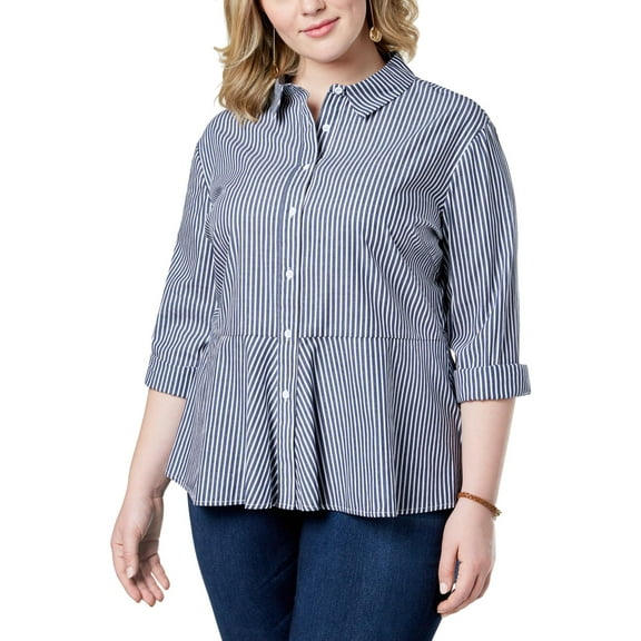 Say What Trendy Plus Size Cotton Striped Peplum Button Front Shirt Navywhite 1X