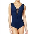 thumbnail image 1 of Say What? Womens Tie Front Bodysuit Jumpsuit, Blue, Juniors, Medium, 1 of 1