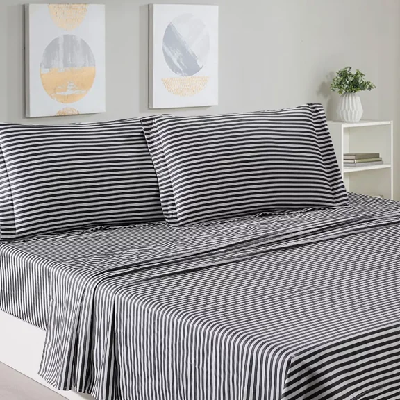 Say Yes Bedding 4-Piece Black Striped 100% Cotton Sheet Sets, Twin XL - Breathable