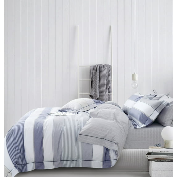 Say Yes Bedding Blue/White Striped 100% Cotton Reversible Comforter Set ,Full Queen