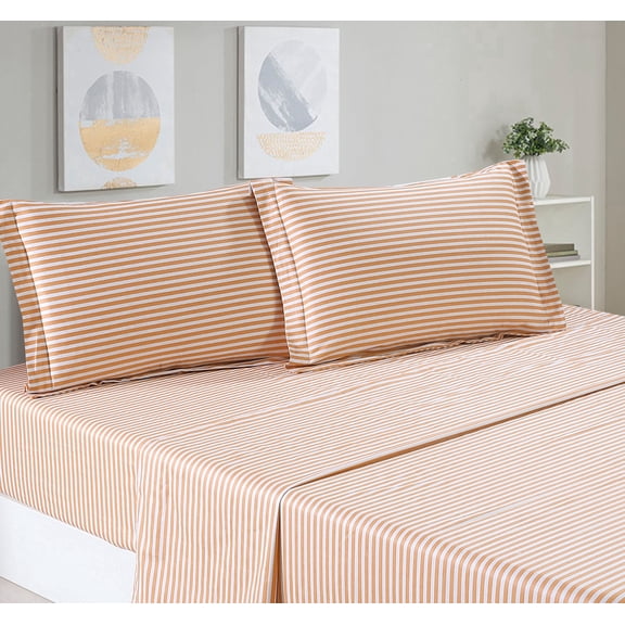 Say Yes Bedding Estella 4-Piece Grey & Orange Striped Cotton Sheet Set, Twin XL