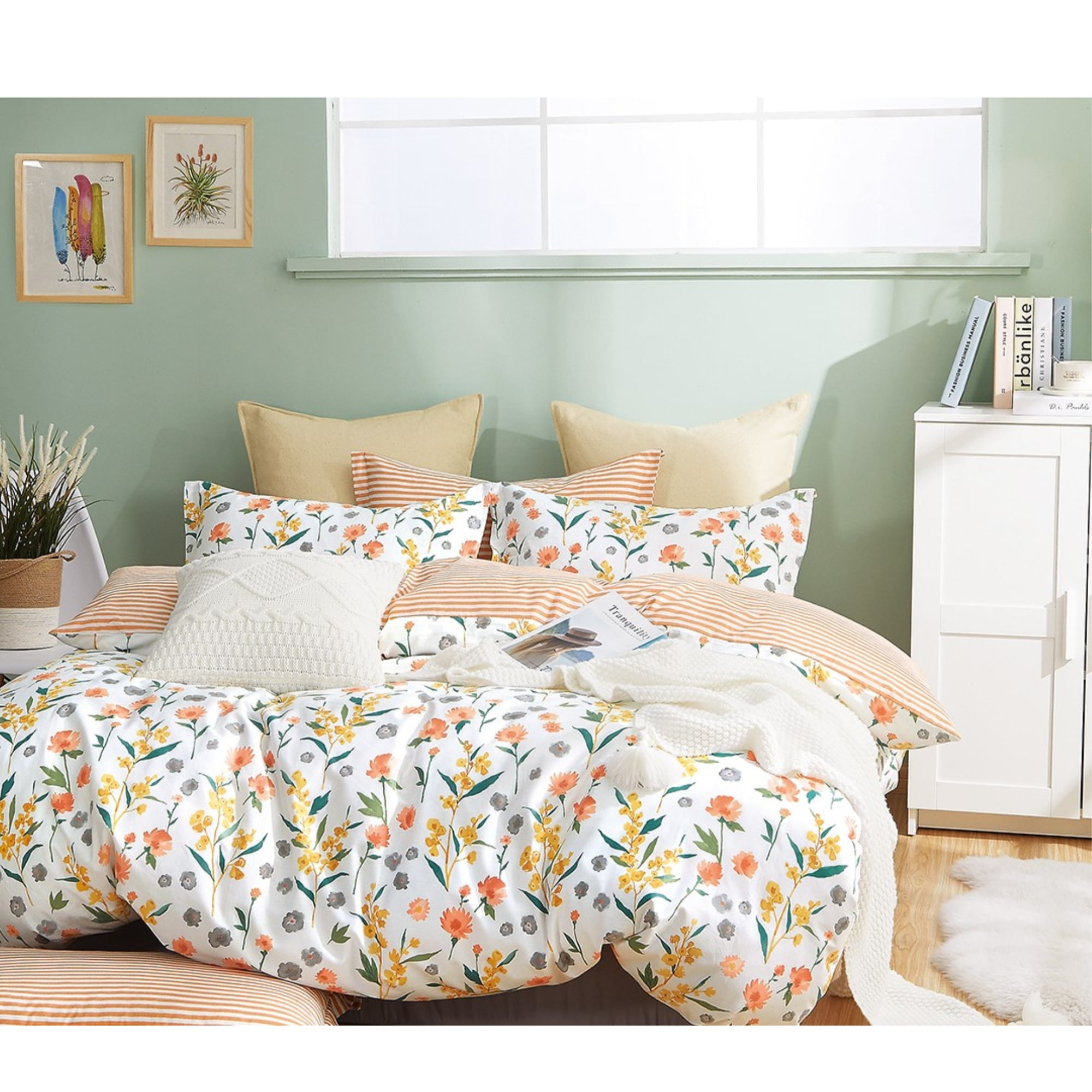 Estella Twin XL White Cotton Floral Reversible Comforter Set