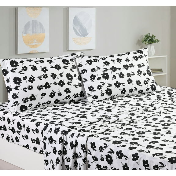 Say Yes Bedding Hepburn White Black Floral 100% Cotton Sheet Set with Pillowcase ,King Size
