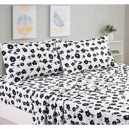 Say Yes Bedding Hepburn 4-Piece Black & White 100% Cotton Sheet Sets, Queen - Deep Pocket