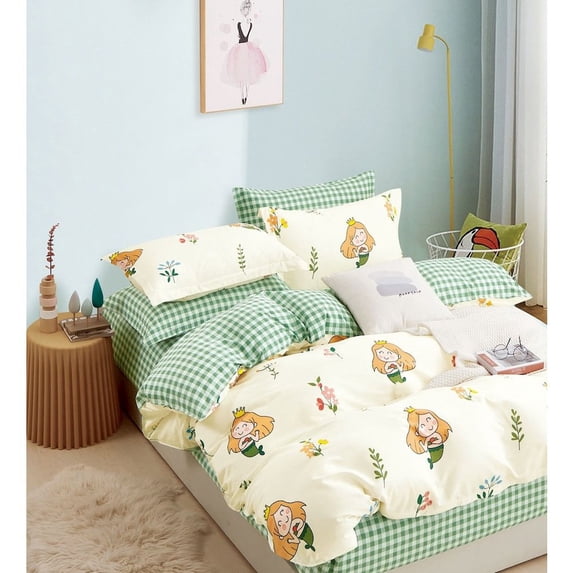 Say Yes Bedding Sofie Little Mermaid White/Green 100% Cotton Reversible Comforter Set, Queen/Full Size