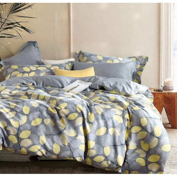 Say Yes Bedding Woodgrove Grey Yellow Leaf 100% Cotton Reversible Duvet Cover Set Queen/Full