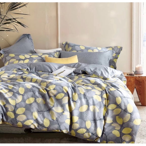 Say Yes Bedding Woodgrove Grey/Yellow Leaf Pattern 3-Piece Comforter Set, King Size Reversible Cotton Bedding Set