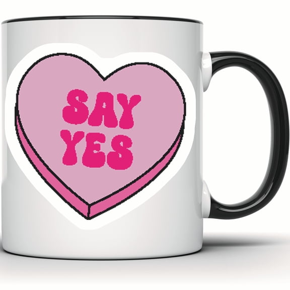 Say Yes Candy Heart Mug - Cute Valentine's Day Coffee Mug - Unique Sweet Treat Gift for Her - 11 Ounce Black Rim Handle Novelty Coffee Cup - WMUG0541-Black Rim