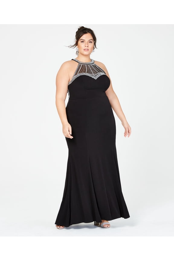 Trendy Plus Size Embellished Halter Gown Black 16W