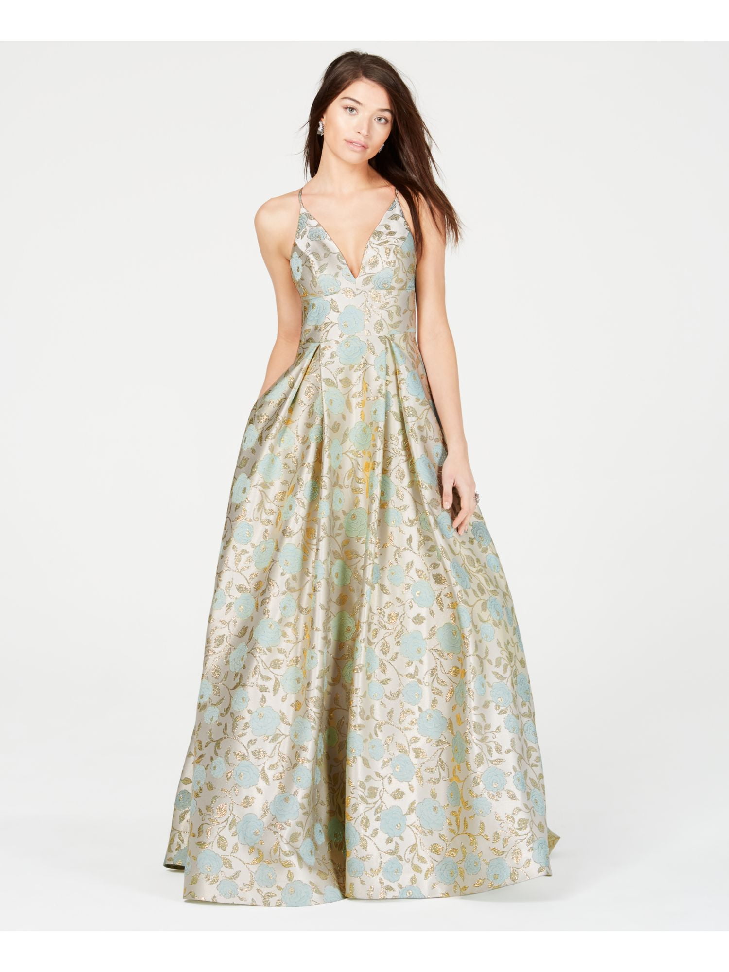 SAY YES TO THE PROM Womens Beige Textured Floral Spaghetti Strap V Neck  Full-Length Formal Fit + Flare Dress Juniors 7\8