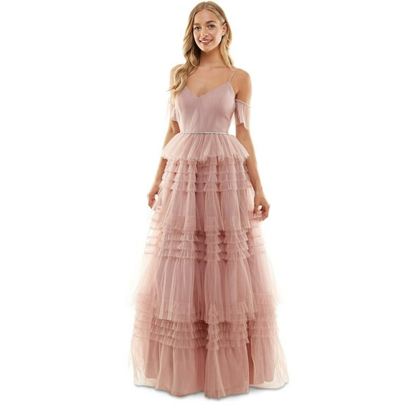 Say Yes to the Prom Juniors' Pink Pleated Mesh Tiered Gown Dress