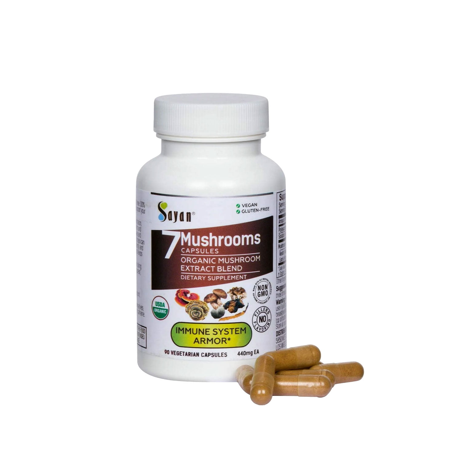 Sayan 7 Mushroom Extract Supplement, Immune System Capsules (90 Count)