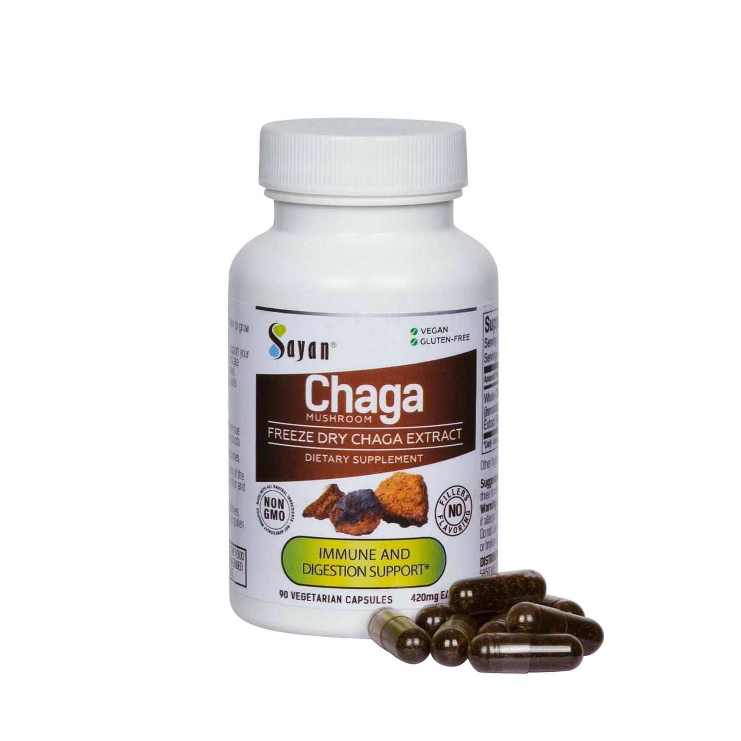 Sayan Siberian Chaga Mushroom Extract Supplement, Immune and Digestion Support Capsules (90 Count)