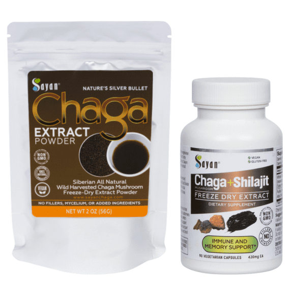 Sayan Siberian Supplement, Chaga Mushroom Tea, and Chaga W/Shilajit Capsules Combo (90 Count, 2 oz)