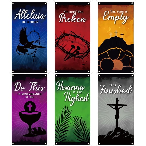 Sayglossy 6 Pcs Easter Church Banners for Sanctuary 6 x 3 ft Church Banners with Scripture Religious Empty Tomb He is Risen Hanging Backdrop Signs for Indoor Easter Holy Week Christian Event