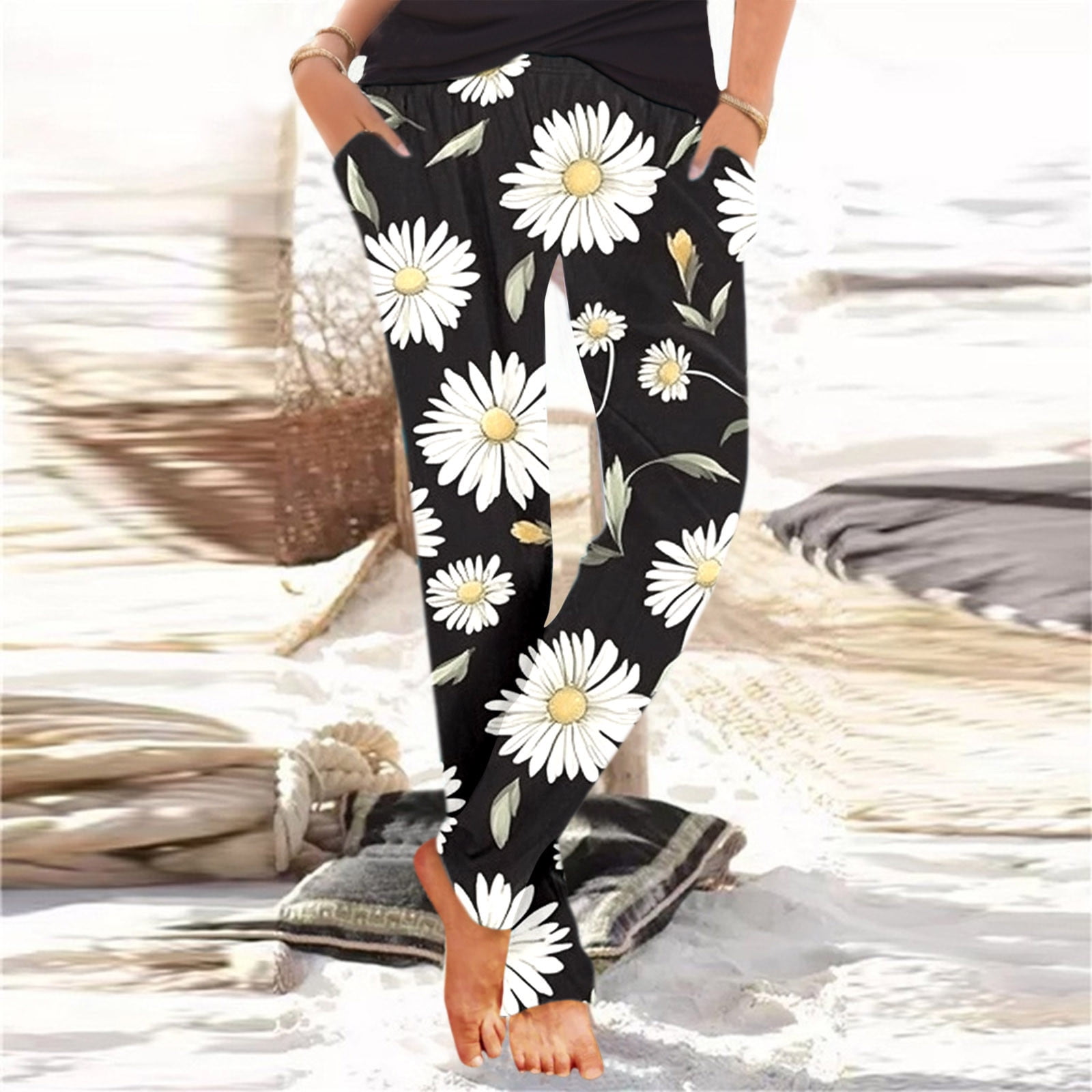 Sayhi Capris for Women Casual Summer Clearance Harem Print Elastic Waist  Slip On Boho Beach Lightweight Casual Loose Trousers With Pockets Sprts Gym