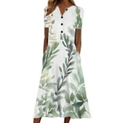 Sayhi Christmas Dresses for Women Floral Ruffle Midi Dress With Pockets Spring Summer Beach Vacation Sun Dresses Short Sleeve Button Up Loose House Dress