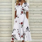 SAYHICOO Sayhi Dresses Pockets Beach Long Neck Casual Button Short Dress Sleeve Women's Floral Print V Women's Casual Dress Womens House Dress Pearl White XL