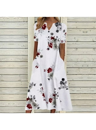 HSMQHJWE Dress Under 10 Dollars For Women Cotton House Dresses Women Summer  Casual V Neck Print Short Sleeve Dresses Empire Waist Dress With Pockets