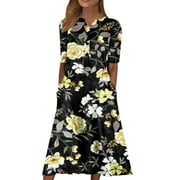 Sayhi Summer Dresses for Women 2024 Plus Size Boho Floral Casual House Dress With Pockets Flowy Swing Casual Loose Sun Dress Button Up Below The Knee Length Midi Dresses