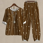 Sayhi Two Piece Outfits Half Sleeve Casual Pajamas Cotton Linen Sets Tracksuit Sweatsuit Loungewear Plus Size Coffee XXXXXL