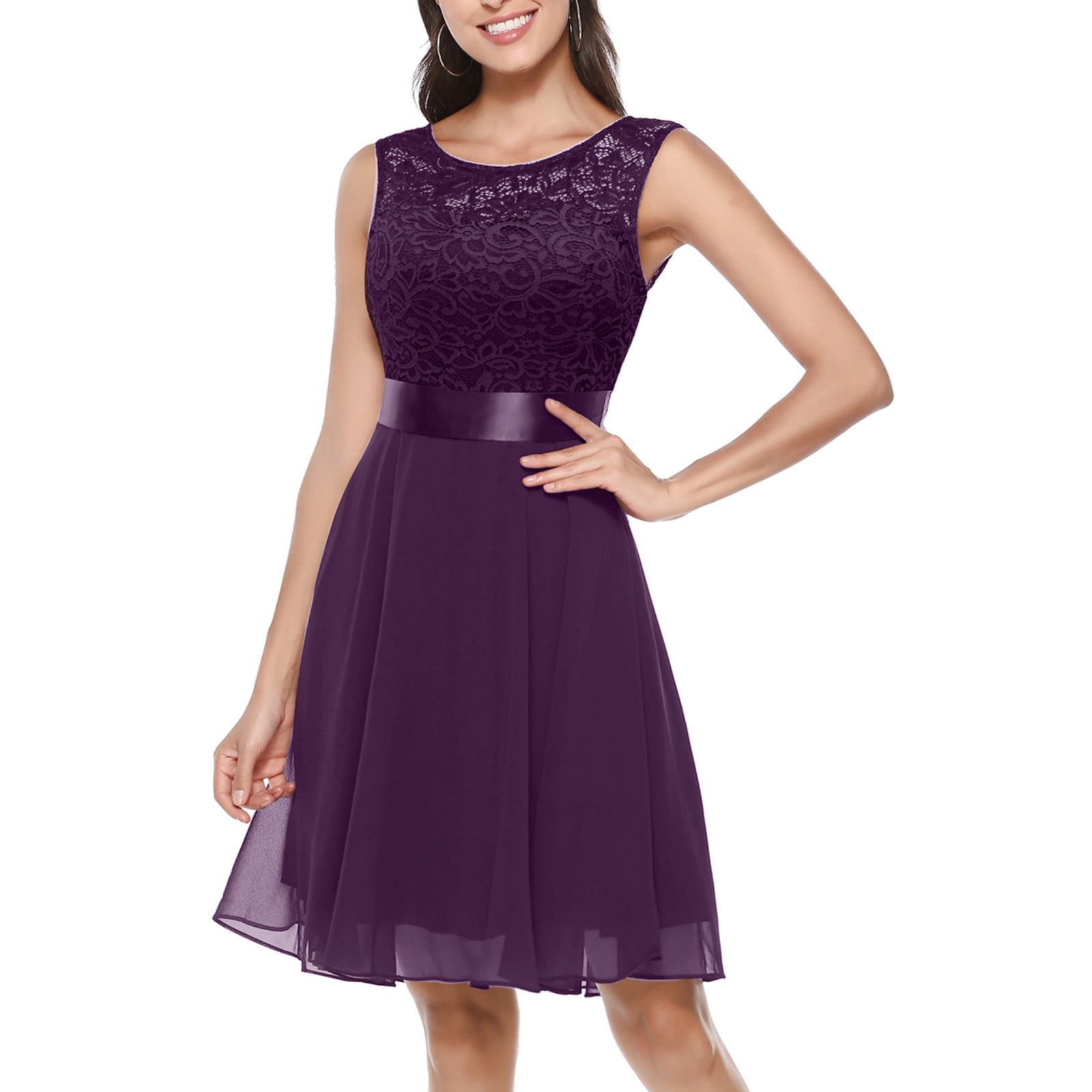 Sayhi Wedding Guest Dresses for Women Elegant Bridesmaid Mother of The Bride  Evening Party Solid Prom Gown Sleeveless Formal Dress Purple M 
