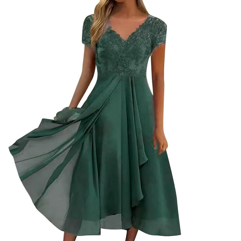 Sayhi Wedding Guest Dresses for Women V Neck Formal Evening Party Hollow  Prom Gown Chiffon Bridesmaid Mother of The Bride Elegant Dress Green S